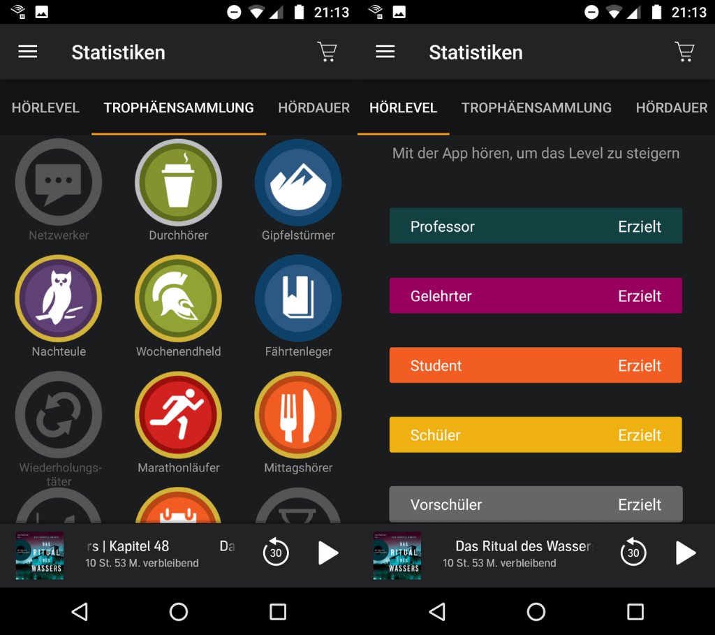 Statistiken und Trophäen in der Audible App für Android