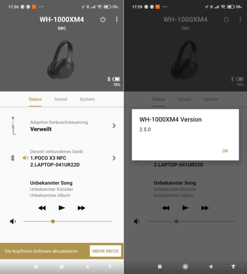 Sony | Headphones Connect App Screenshot Software aktualisieren.
