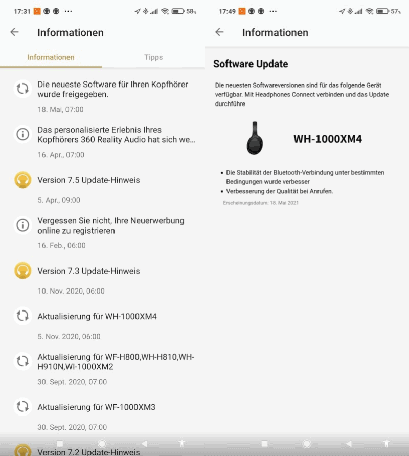 Sony | Headphones Connect App Screenshot Software aktualisieren.